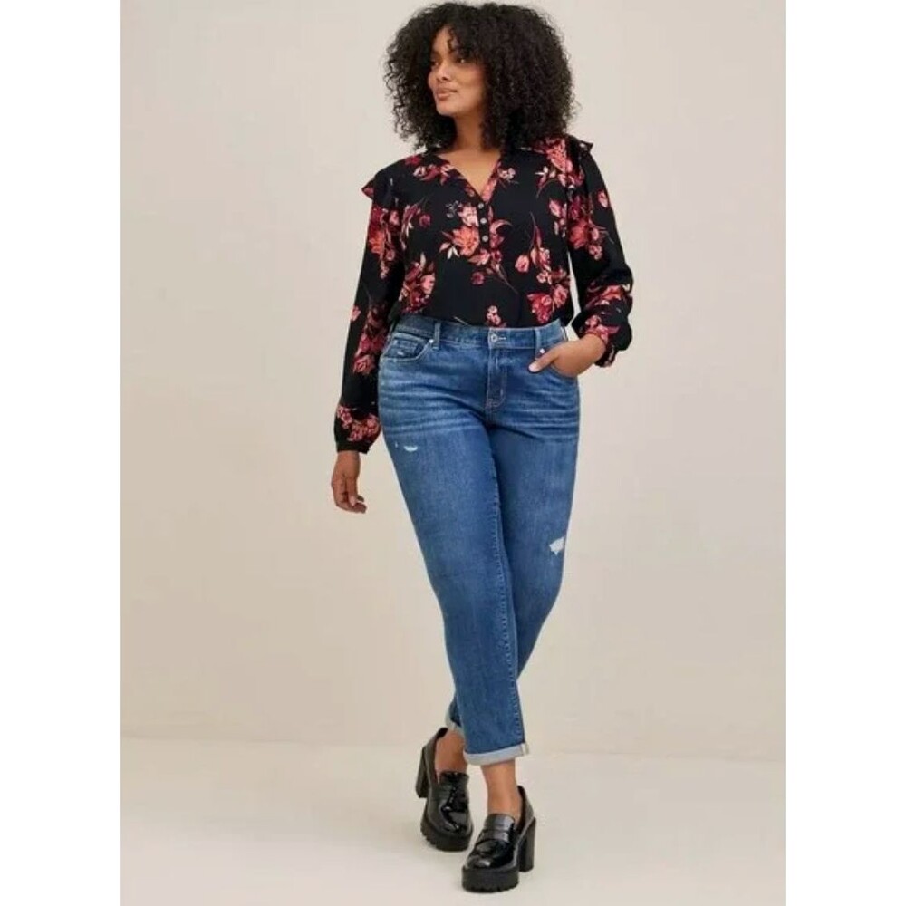 Torrid Floral Challis Blouse Womens 00 M/L Black Ruffle Trim Romantic Boho